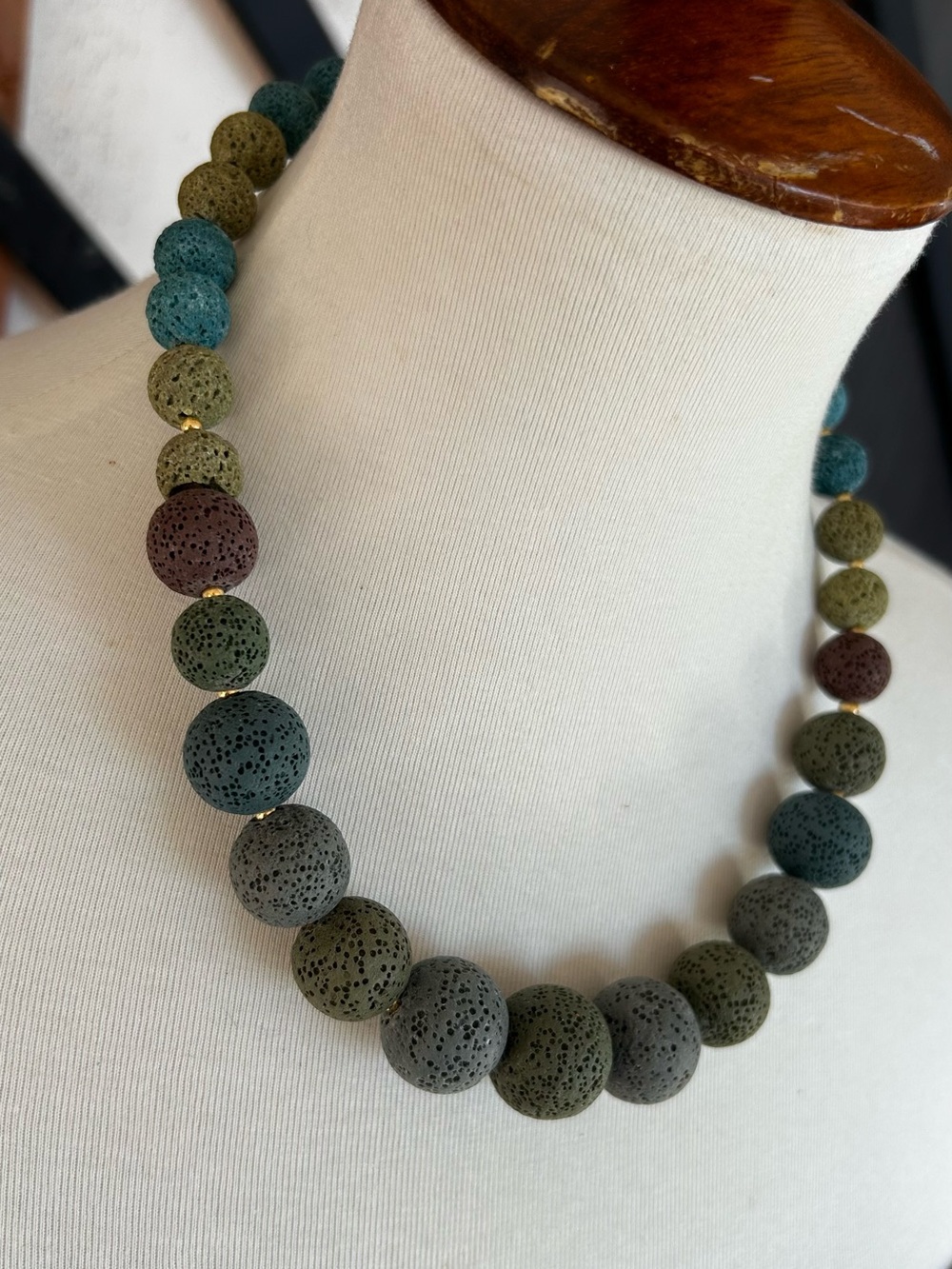 NEW 18” Multicolor Lava Stone Beaded Necklace 8mm Gold Tone Handmade